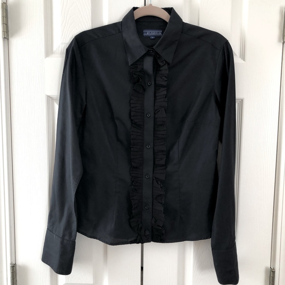J. McLaughlin Ruffle Front Button Down Shirt Black Cotton Blouse Size 6 EUC